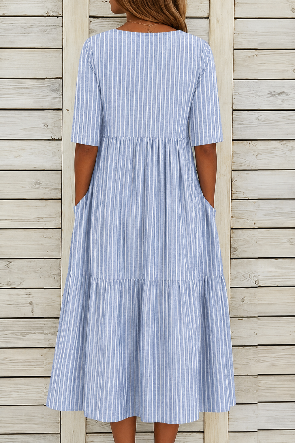 AMANDA | ELEGANT STRIPED TUMMY-COVERAGE MIDI DRESS