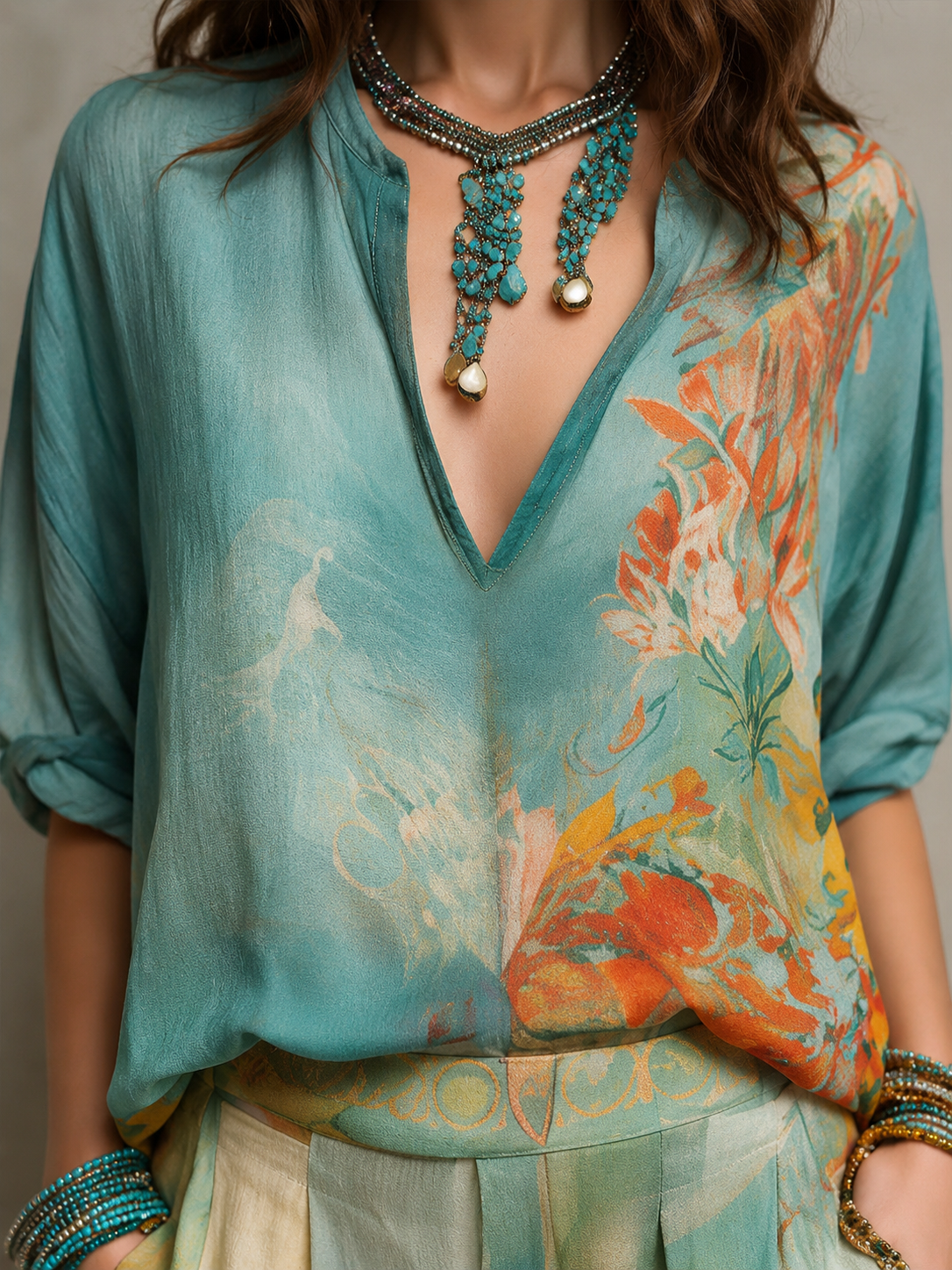 Chiara | Elegant floral print set with wide trousers