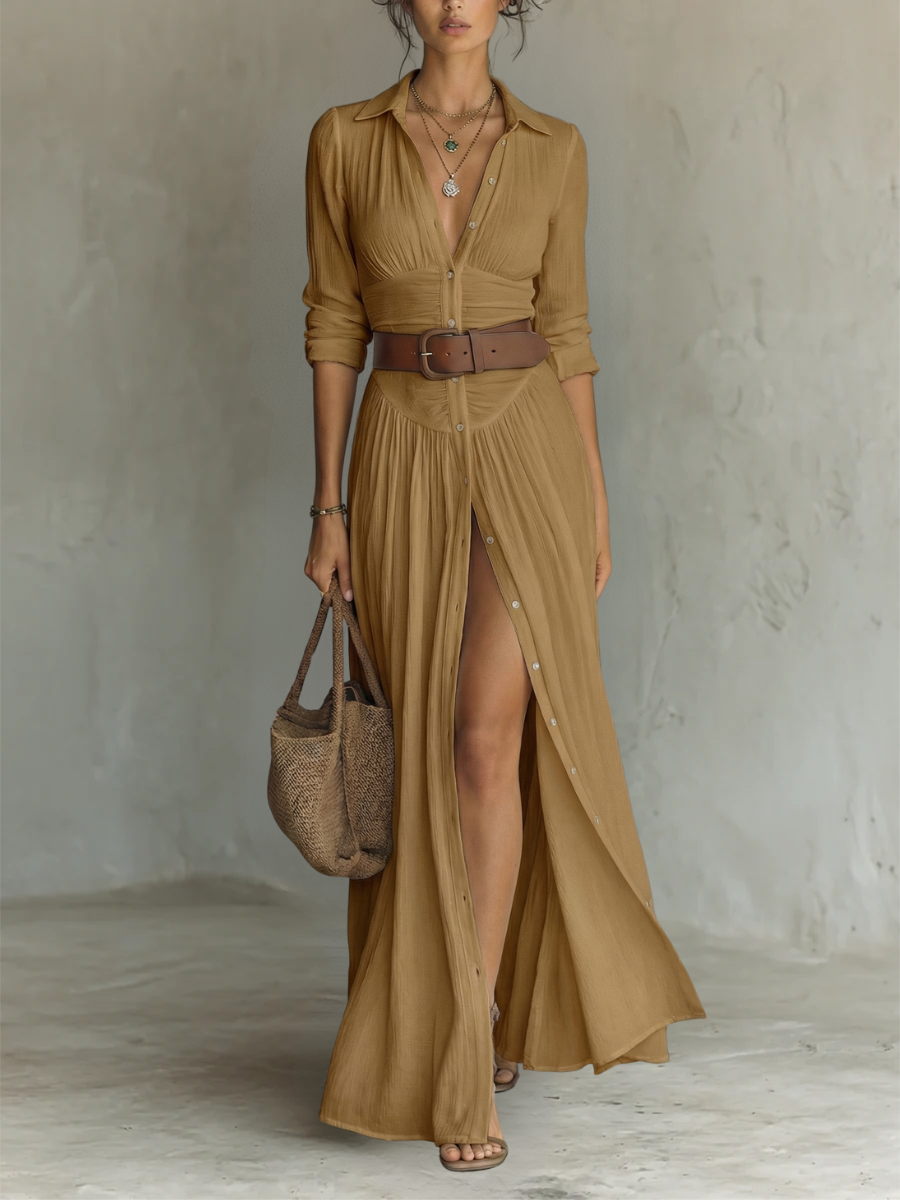 Women’s Long Maxi Dress with Notched Lapel Collar and Long Sleeves in Linen