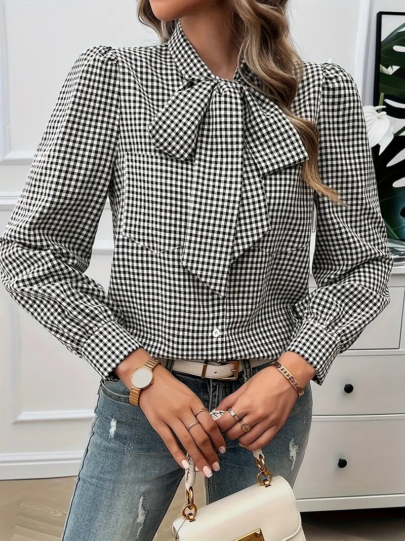 Clarisse - Elegant Checked Blouse with Bow Tie for Women