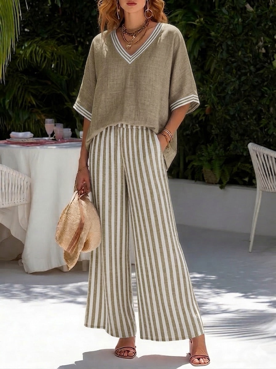 Amélia | Elegant Casual Striped Linen Cotton Set