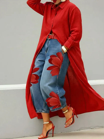 Maud | Long Sleeve Shirt and Floral Jeans