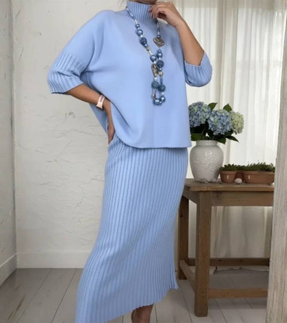 Aisha – Knitted Two-Piece Set with Ribbed Midi Skirt