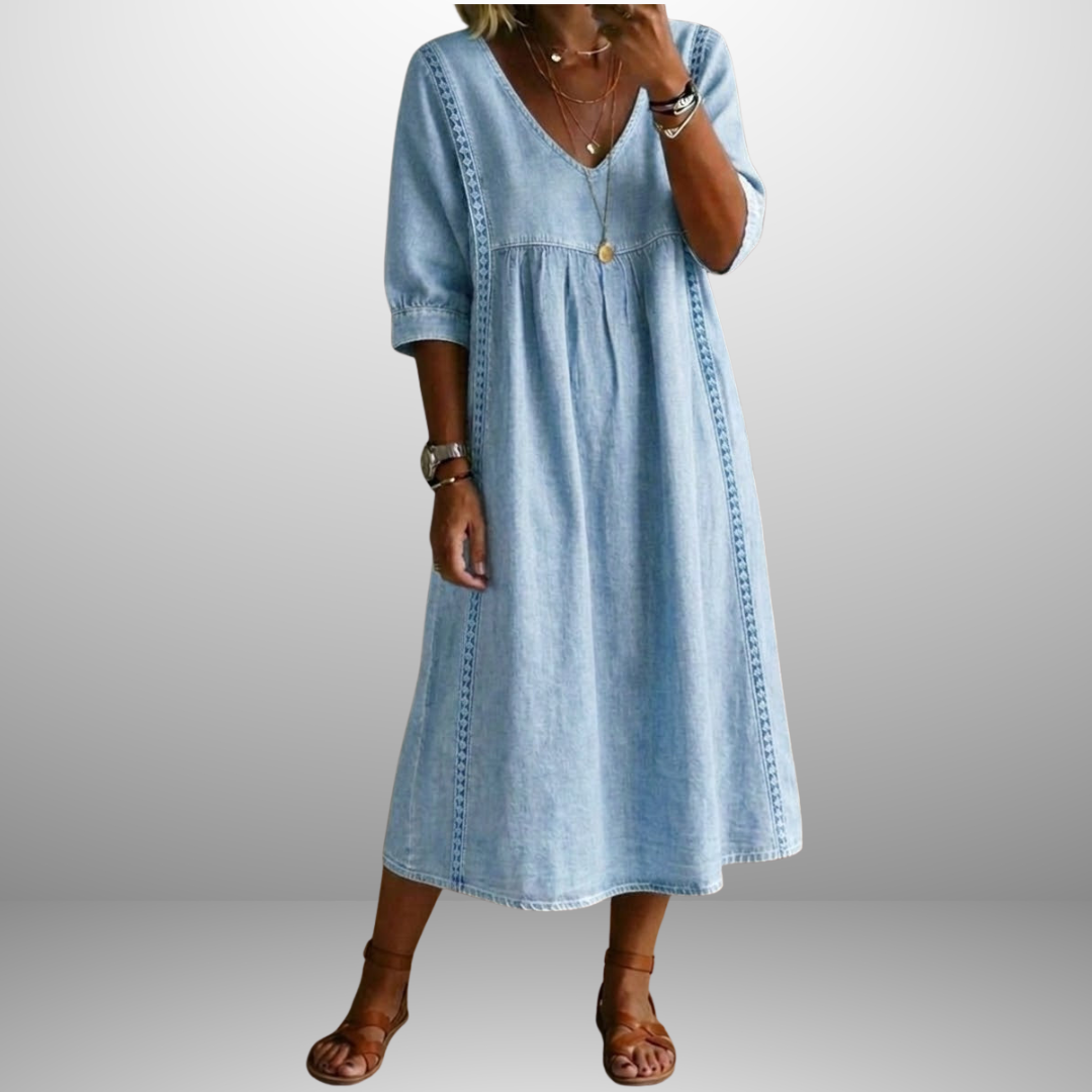 Women’s Lace Trim Denim Dress – Casual Loose Fit Vintage Denim Dress