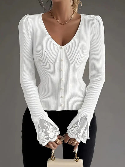 Isabella – Ribbed V-Neck Knit with Lace Sleeves