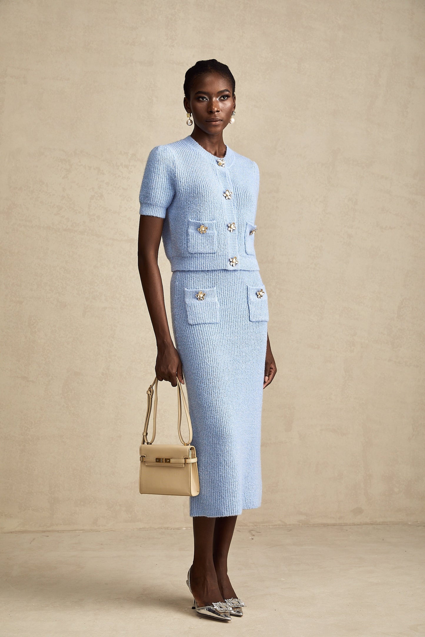 Chantal Blue Knit Two-Piece Blouse and Skirt Set