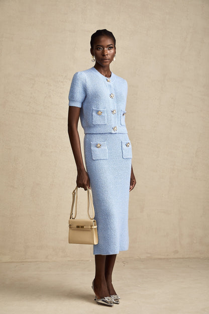 Chantal Blue Knit Two-Piece Blouse and Skirt Set