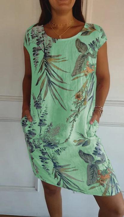 Women’s Cotton Linen Printed Summer Dress with Pockets