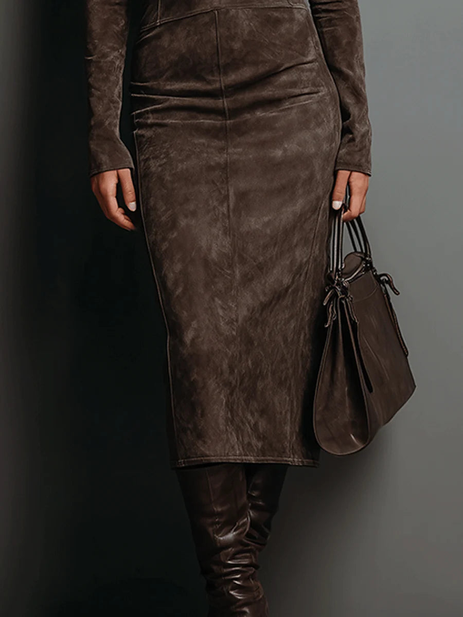 Seraphina | High Neck Long Sleeve Suede Midi Dress