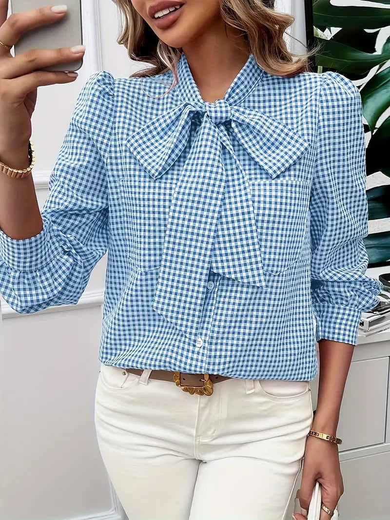 Clarisse - Elegant Checked Blouse with Bow Tie for Women