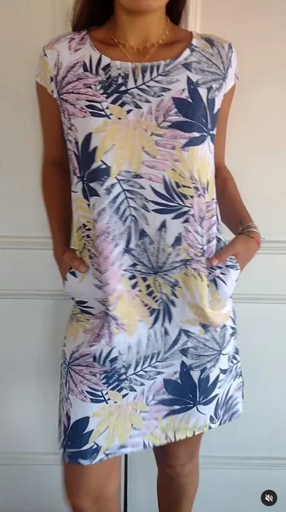 Women’s Cotton Linen Printed Summer Dress with Pockets