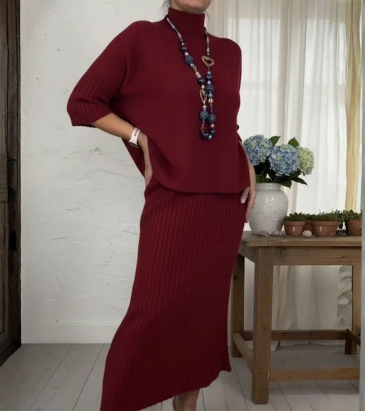 Aisha – Knitted Two-Piece Set with Ribbed Midi Skirt