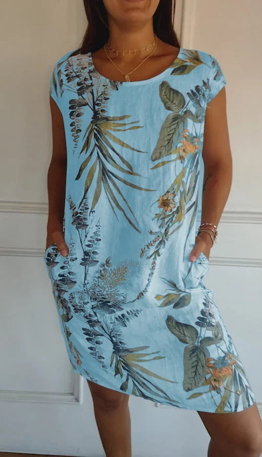 Women’s Cotton Linen Printed Summer Dress with Pockets