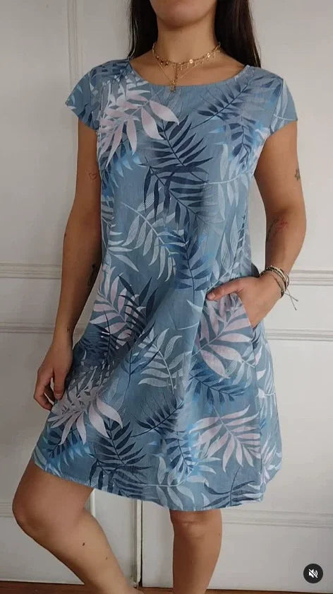 Women’s Cotton Linen Printed Summer Dress with Pockets