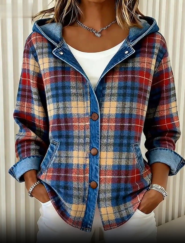 Briella – Contrast Check Hooded Denim Jacket
