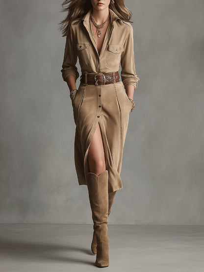 Alelie | Women's Brown Fashion Suede Midi Dress