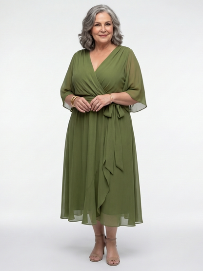 Elysia | V Neck Draped Waist Tie Midi Dress