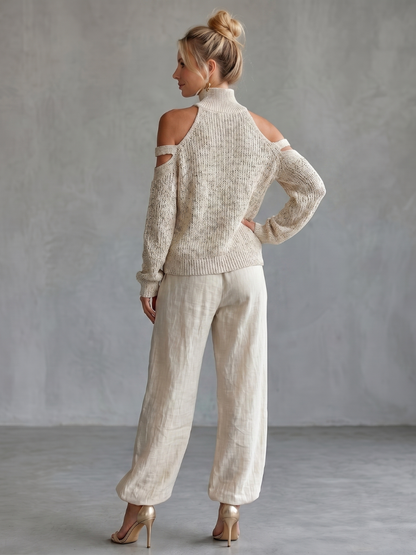 Questa | Open Shoulder Knit Top And Wide Leg Pants Set