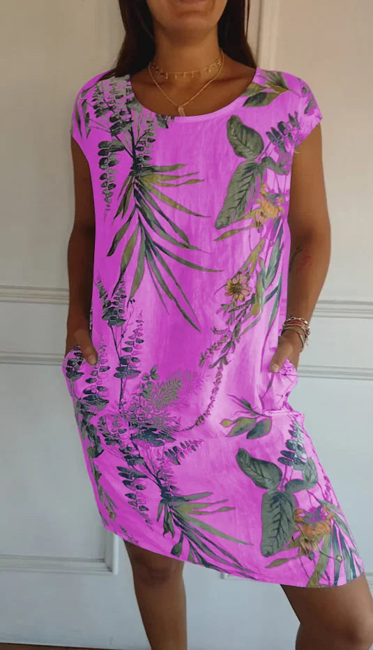 Women’s Cotton Linen Printed Summer Dress with Pockets