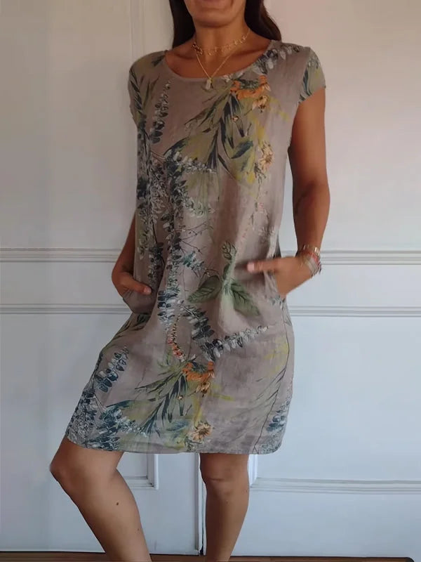 Women’s Cotton Linen Printed Summer Dress with Pockets