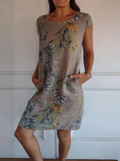 Women’s Cotton Linen Printed Summer Dress with Pockets