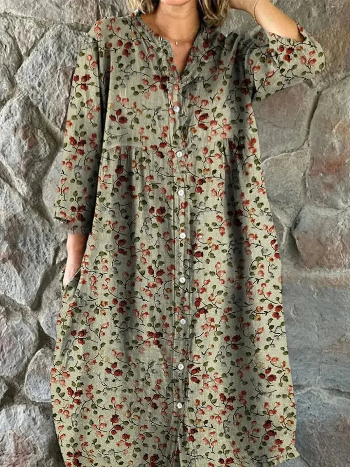 Women’s Retro Floral Shirt Dress with Pockets