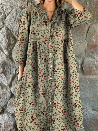 Women’s Retro Floral Shirt Dress with Pockets