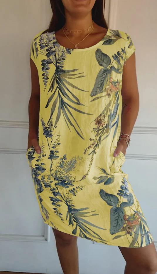 Women’s Cotton Linen Printed Summer Dress with Pockets