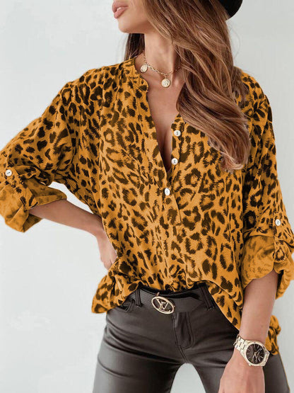 Women's Leopard Print Blouse - V-Neck Top with Roll-Tab Sleeves