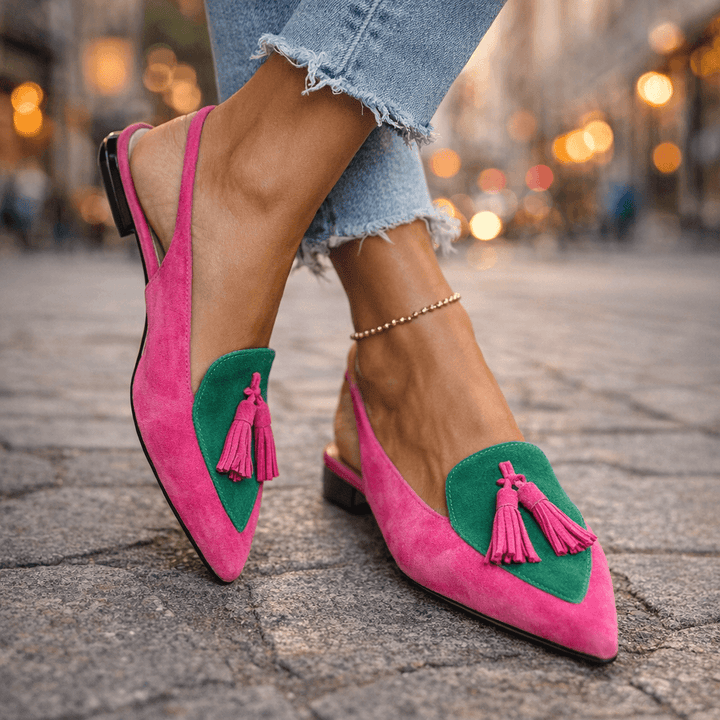 Lorena | Bicolour Suede Mules with Pom Poms