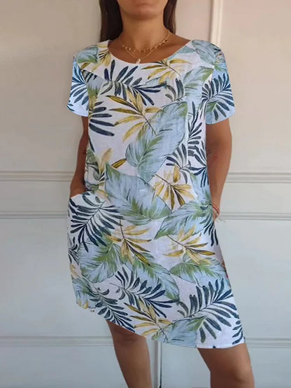 Women’s Cotton Linen Printed Summer Dress with Pockets