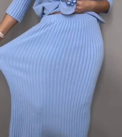 Aisha – Knitted Two-Piece Set with Ribbed Midi Skirt