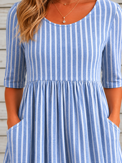 AMANDA | ELEGANT STRIPED TUMMY-COVERAGE MIDI DRESS
