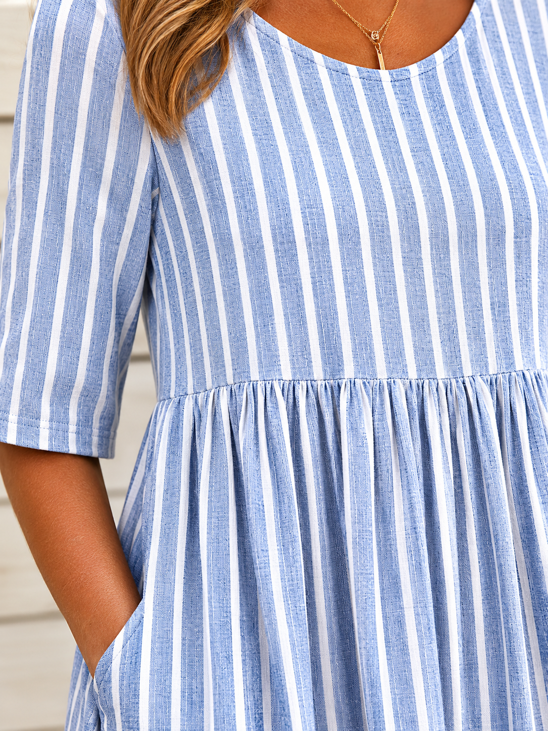 AMANDA | ELEGANT STRIPED TUMMY-COVERAGE MIDI DRESS