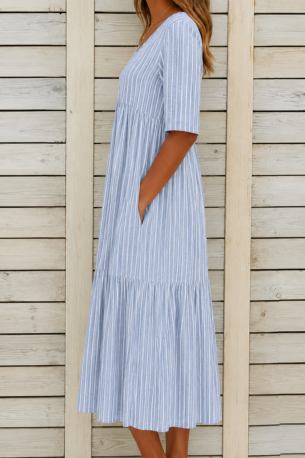 AMANDA | ELEGANT STRIPED TUMMY-COVERAGE MIDI DRESS
