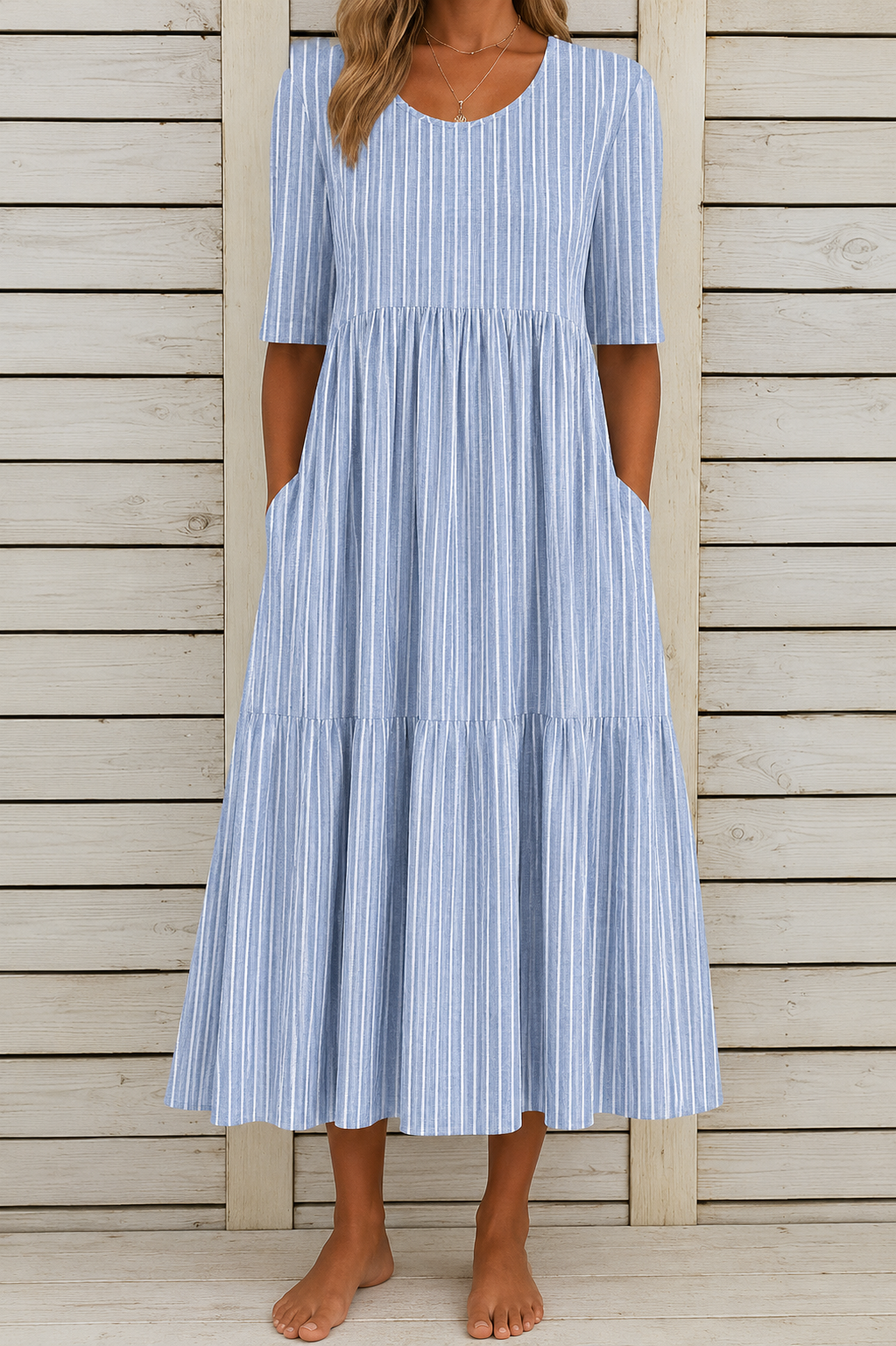AMANDA | ELEGANT STRIPED TUMMY-COVERAGE MIDI DRESS