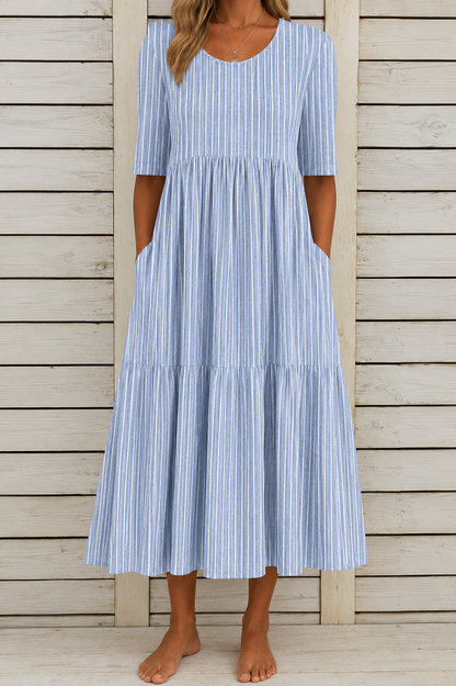 AMANDA | ELEGANT STRIPED TUMMY-COVERAGE MIDI DRESS