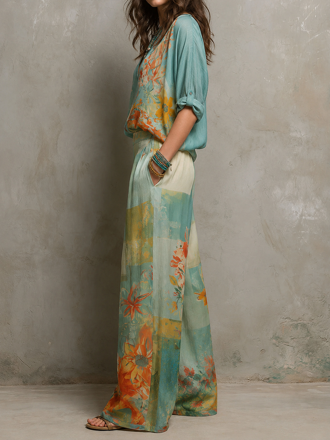 Chiara | Elegant floral print set with wide trousers