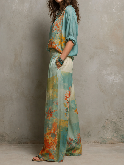 Chiara | Elegant floral print set with wide trousers