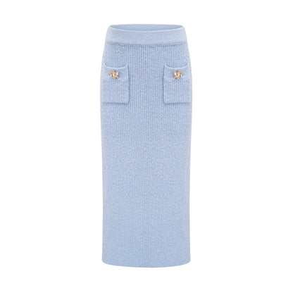 Chantal Blue Knit Two-Piece Blouse and Skirt Set