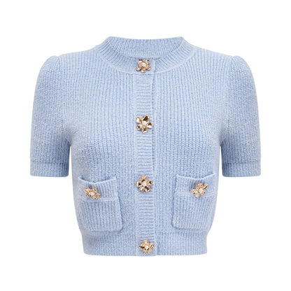 Chantal Blue Knit Two-Piece Blouse and Skirt Set