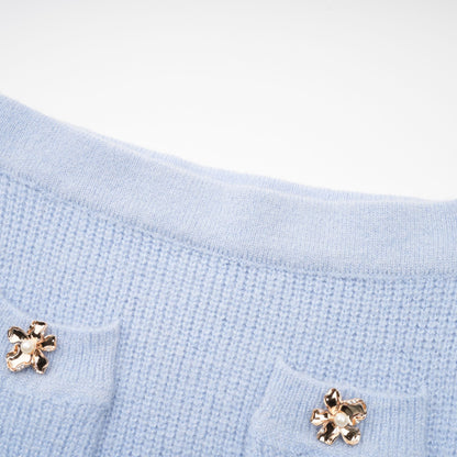 Chantal Blue Knit Two-Piece Blouse and Skirt Set