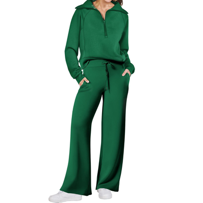 Reverie - Cozy Zip-Up Wide Leg Sweatsuit Set