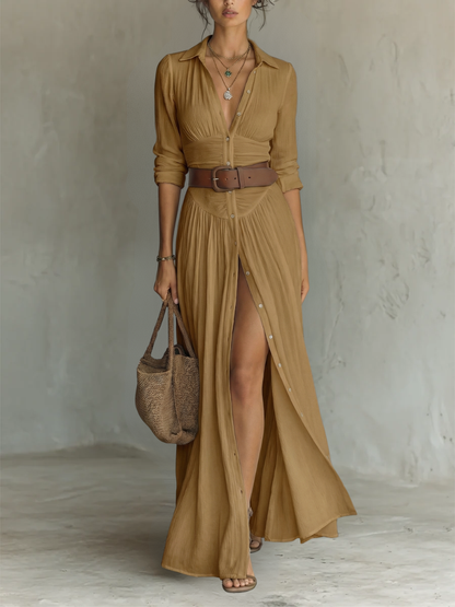 Women’s Long Maxi Dress with Notched Lapel Collar and Long Sleeves in Linen
