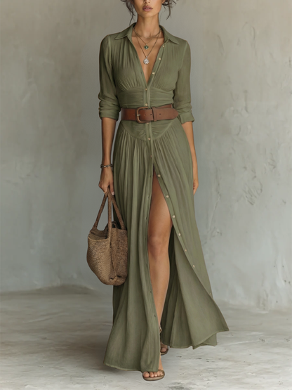 Women’s Long Maxi Dress with Notched Lapel Collar and Long Sleeves in Linen