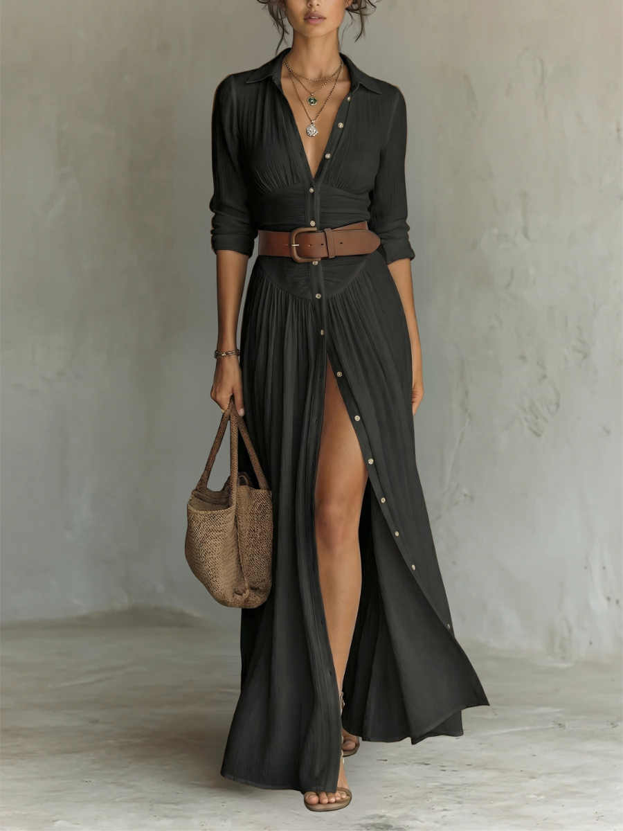Women’s Long Maxi Dress with Notched Lapel Collar and Long Sleeves in Linen