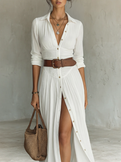 Women’s Long Maxi Dress with Notched Lapel Collar and Long Sleeves in Linen