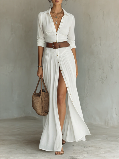 Women’s Long Maxi Dress with Notched Lapel Collar and Long Sleeves in Linen