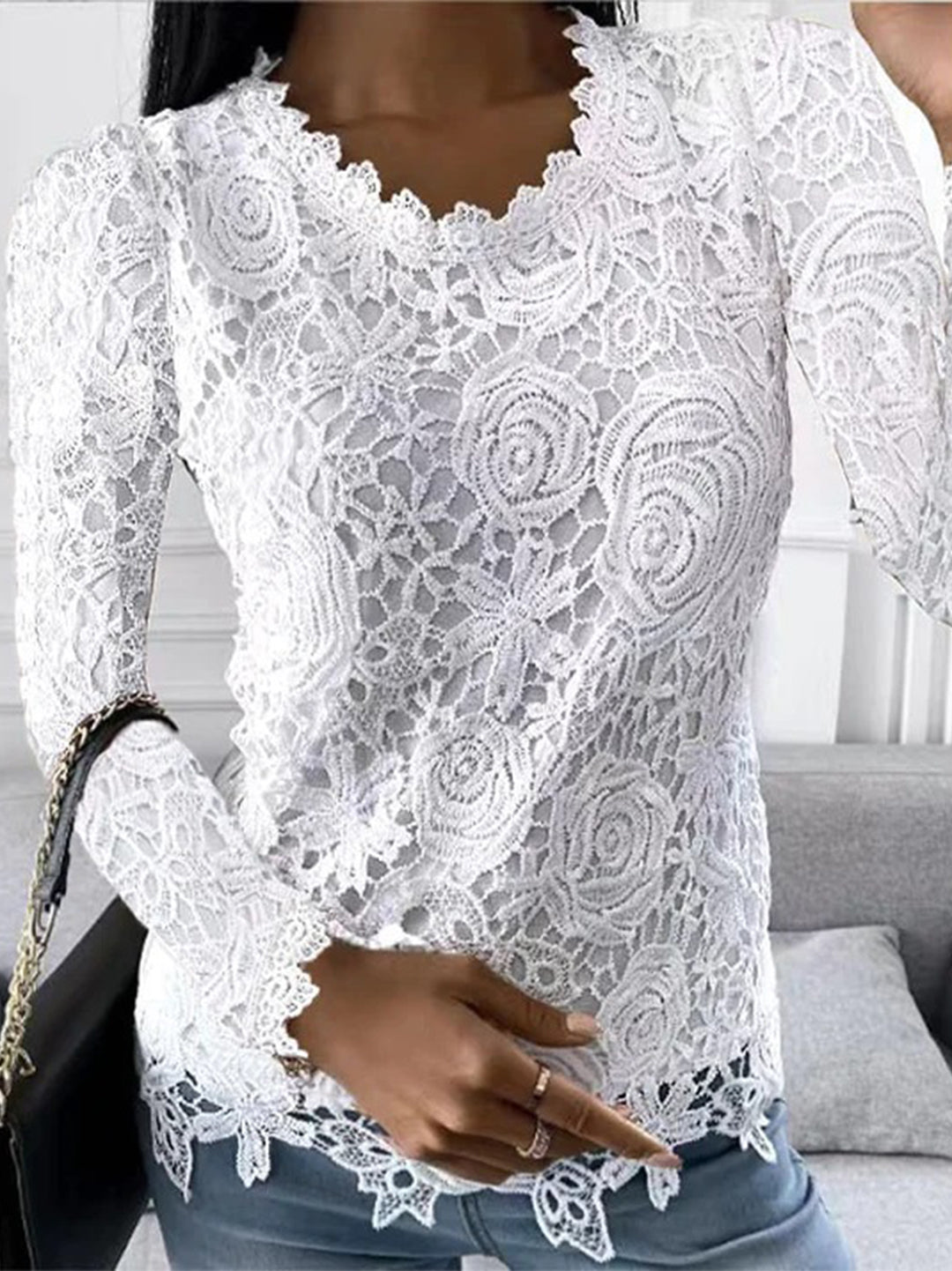 Elegant Long Sleeve Floral Lace Blouse for Women