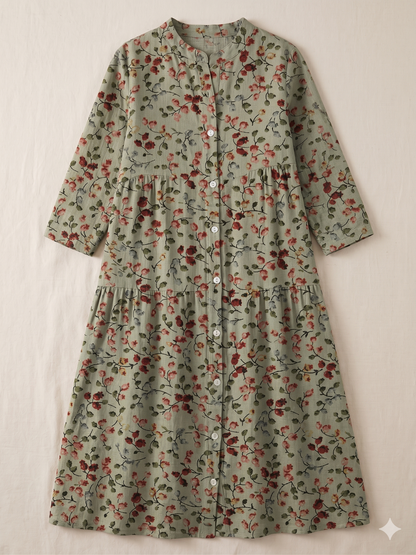 Women’s Retro Floral Shirt Dress with Pockets